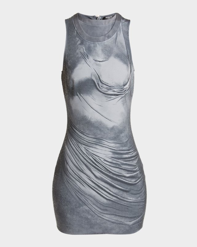 Draped Trompe Loeil Strass Metallic Mini Dress